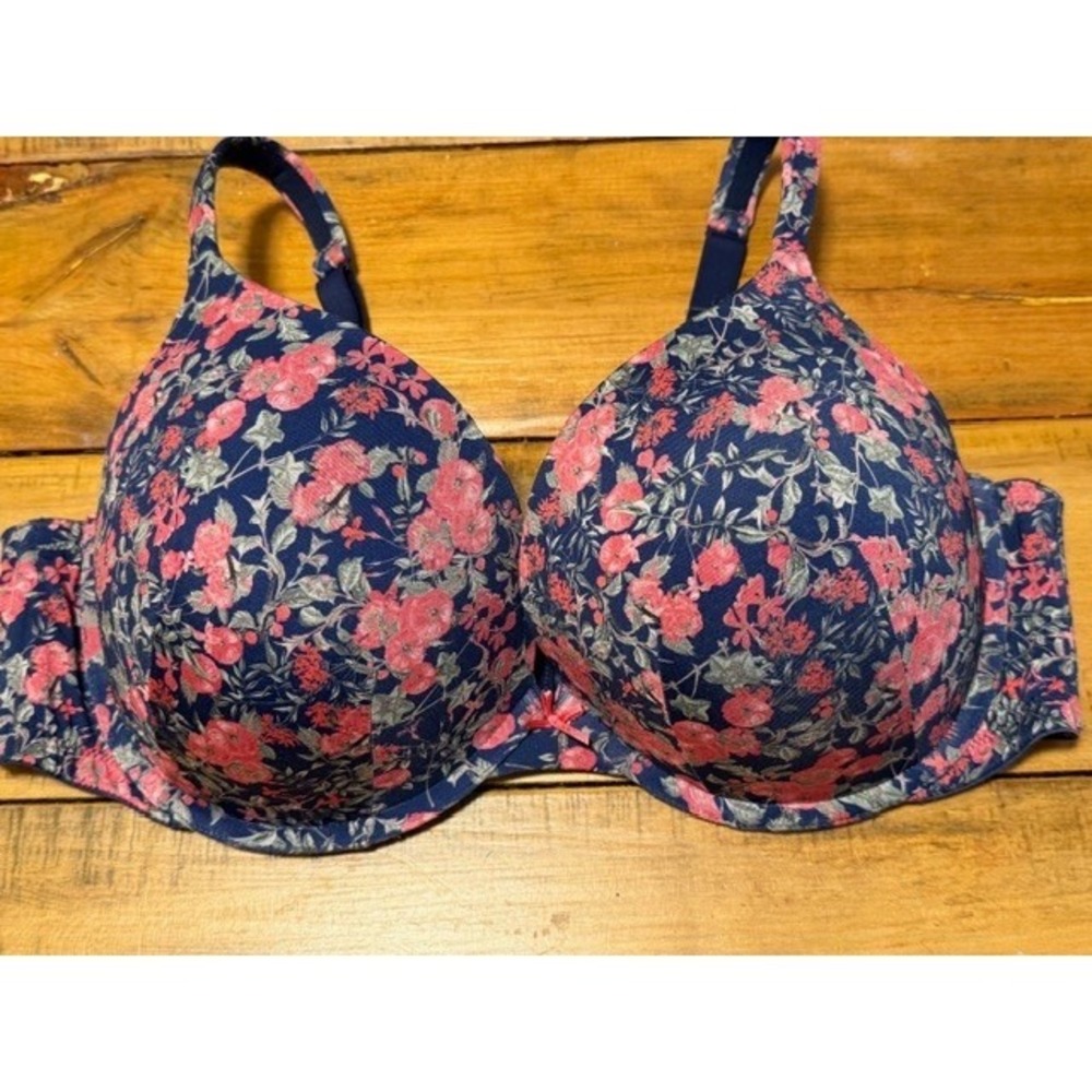 Cacique Navy Blue Pink Floral Full Coverage‎ Boost Plunge Bra 44D